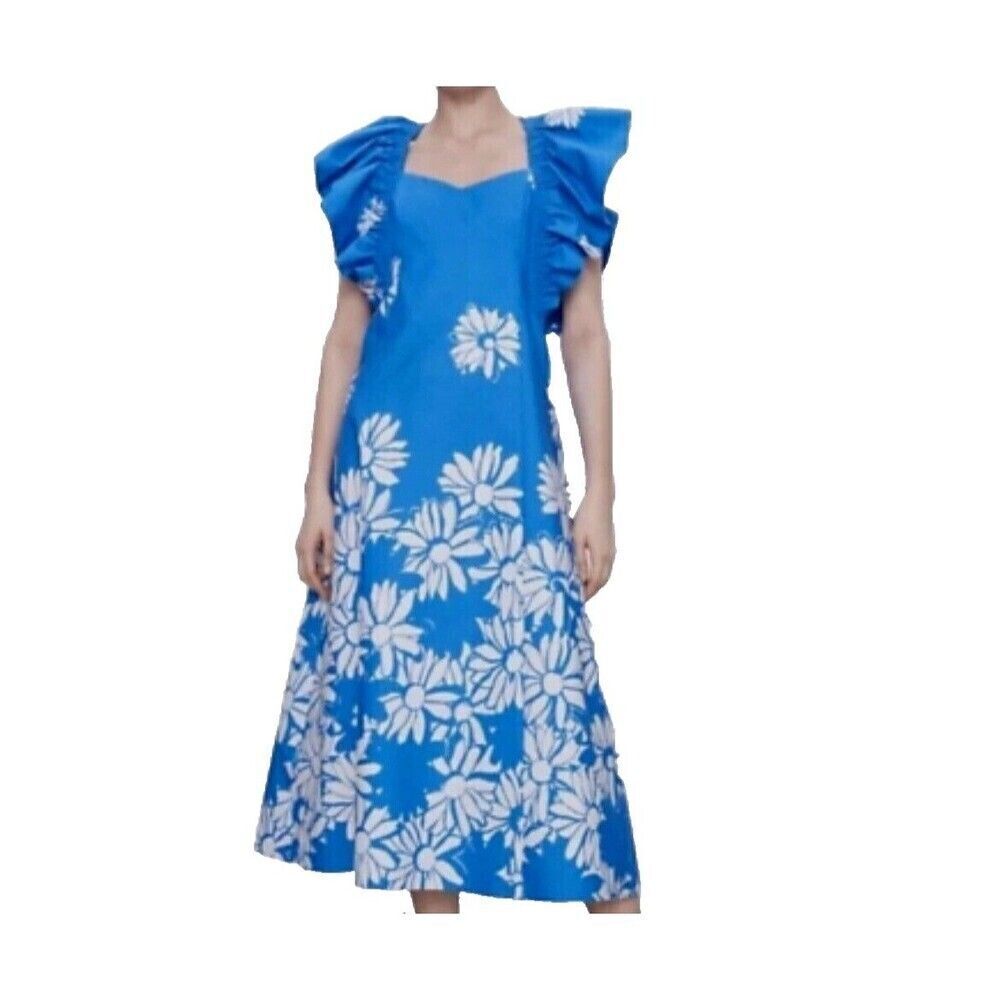 ZARA Daisy Floral Statement Ruffle Sleeve Midi Dress Size Medium Sweetheart Neck